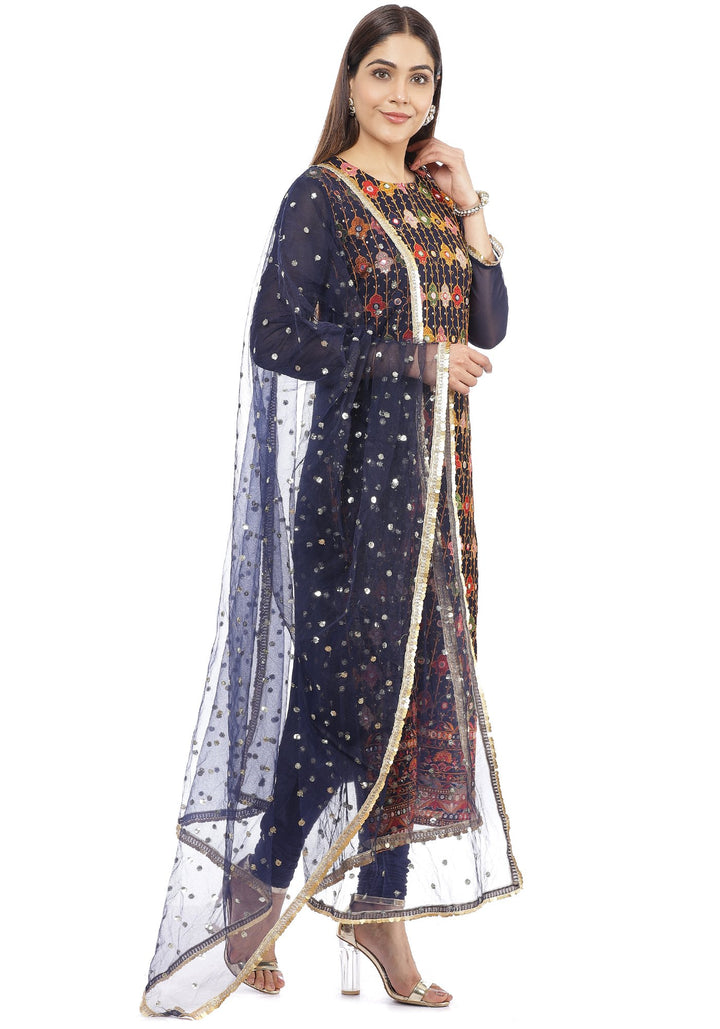 anokherang Combos Navy Blue Mirror Embroidered Kurti with Churidaar and  Jhilmil Dupatta