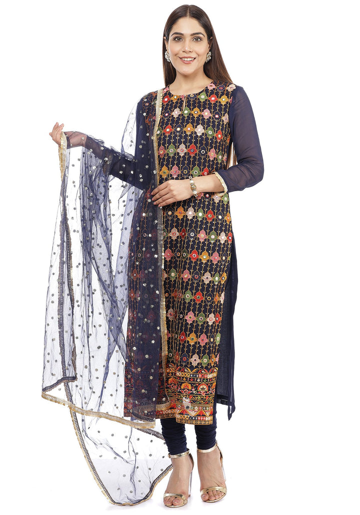 anokherang Combos Navy Blue Mirror Embroidered Kurti with Churidaar and  Jhilmil Dupatta