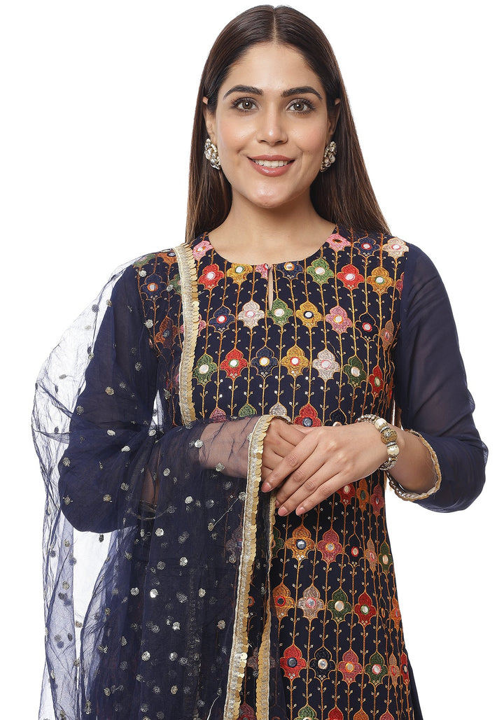 anokherang Combos Navy Blue Mirror Embroidered Kurti with Churidaar and  Jhilmil Dupatta