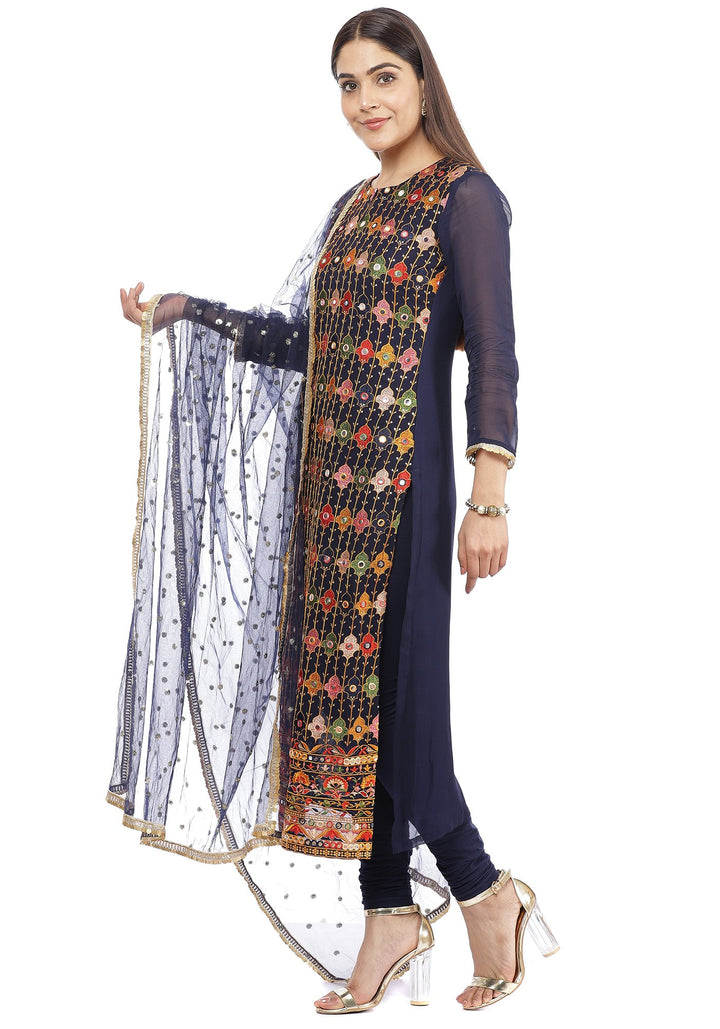 anokherang Combos Navy Blue Mirror Embroidered Kurti with Churidaar and  Jhilmil Dupatta