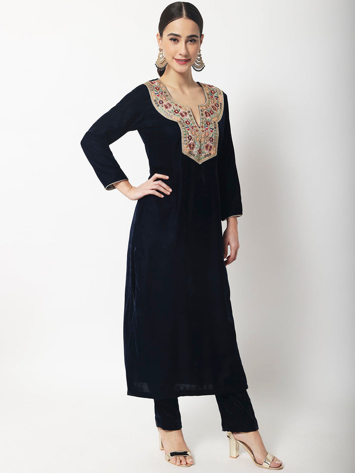 anokherang Combos Copy of Navy Blue Sapphire Velvet Kurti with Straight Pants