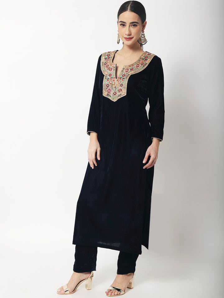 anokherang Combos Copy of Navy Blue Sapphire Velvet Kurti with Straight Pants