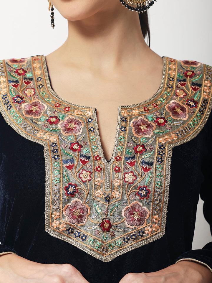anokherang Combos Copy of Navy Blue Sapphire Velvet Kurti with Straight Pants