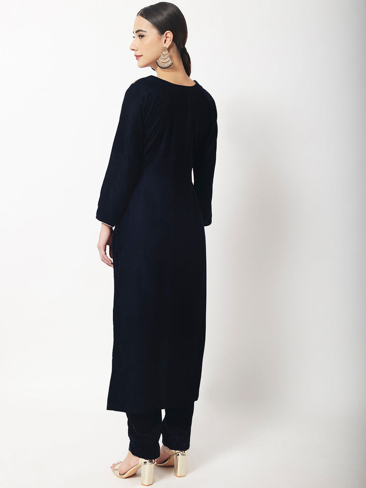 anokherang Combos Copy of Navy Blue Sapphire Velvet Kurti with Straight Pants