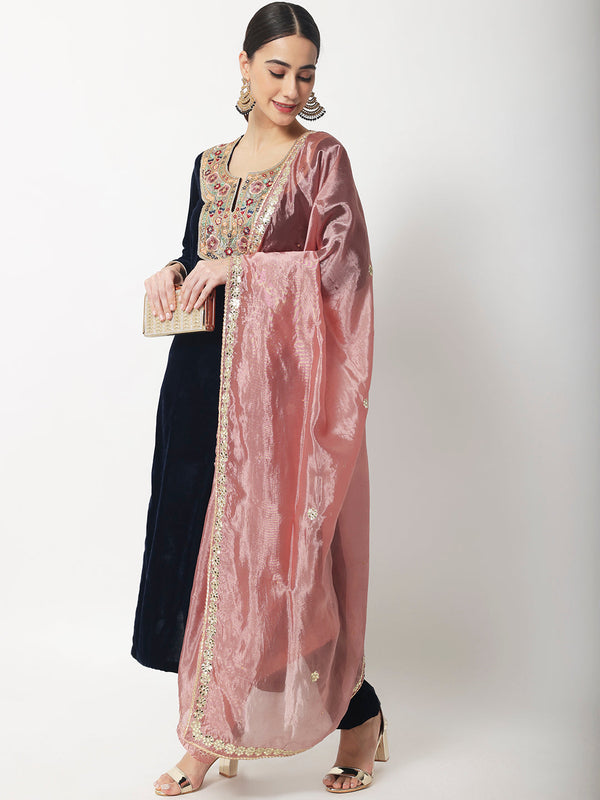 anokherang Combos Navy Blue Sapphire Velvet Kurti with Straight Pants and Pink Silk Dupatta