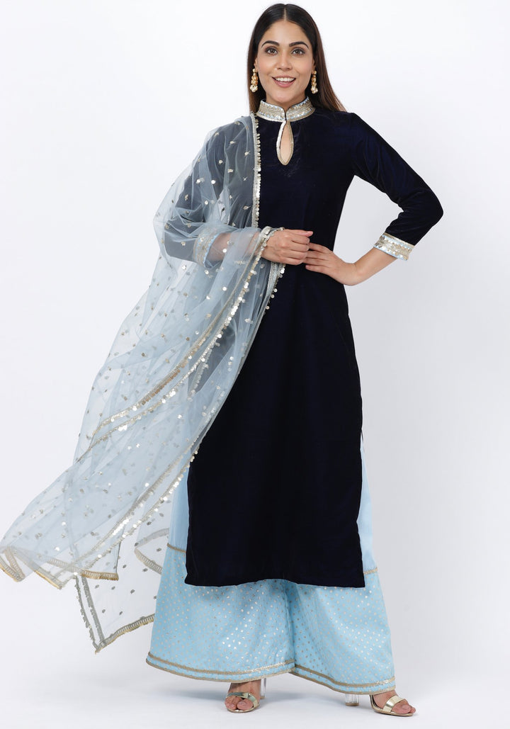 anokherang Combos Navy Blue Velvet Collared Kurti with Blush Blue Festive Palazzo and Sequenced Dupatta