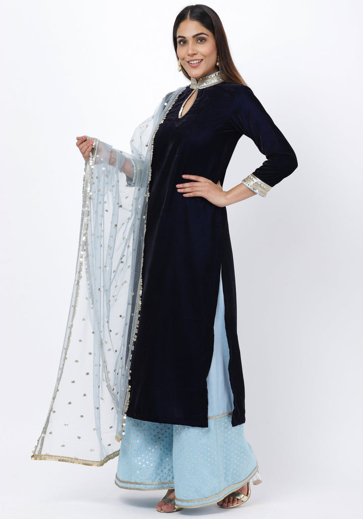 anokherang Combos Navy Blue Velvet Collared Kurti with Blush Blue Festive Palazzo and Sequenced Dupatta