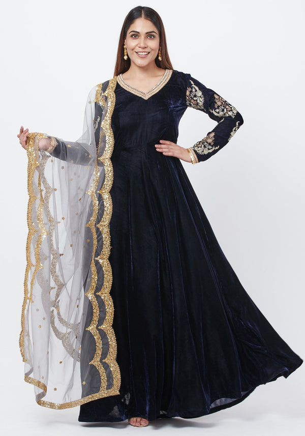 Navy Blue Velvet Floor Length Anarkali with Embroidered Sleeves and Sequenced Dupatta