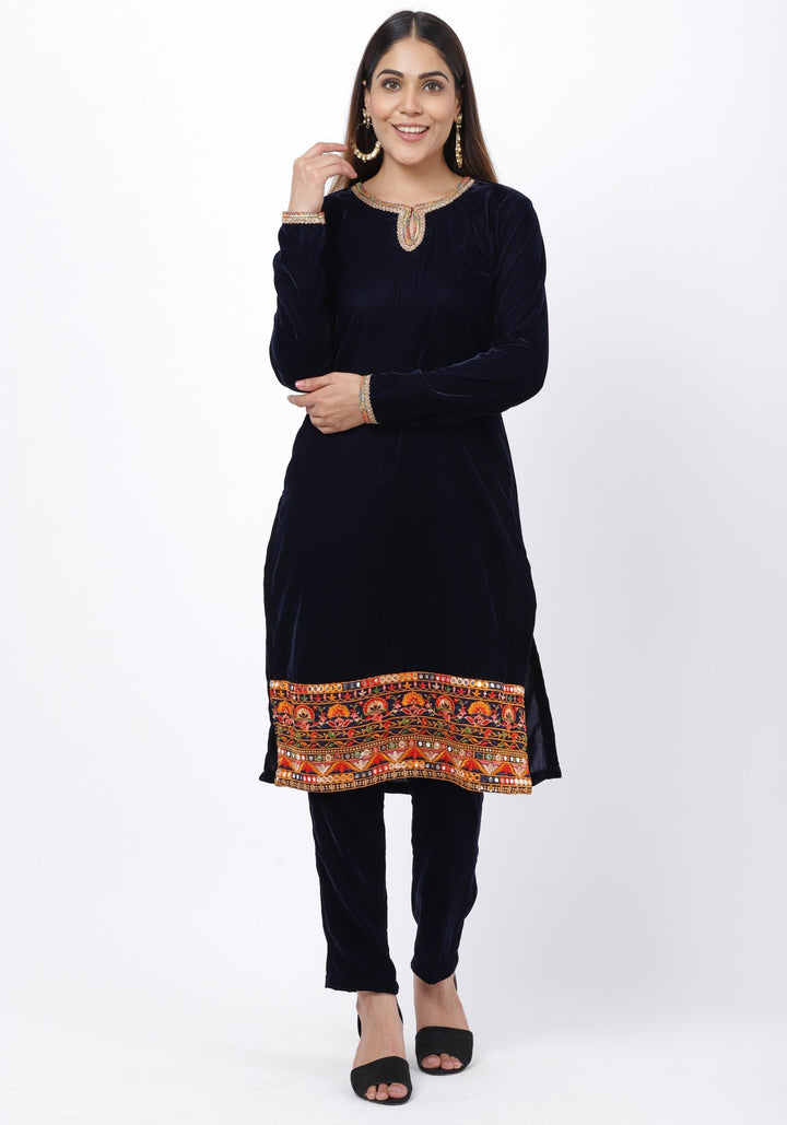 anokherang Combos Navy Blue Velvet Mirror Embroidered kurti with Straight Pants