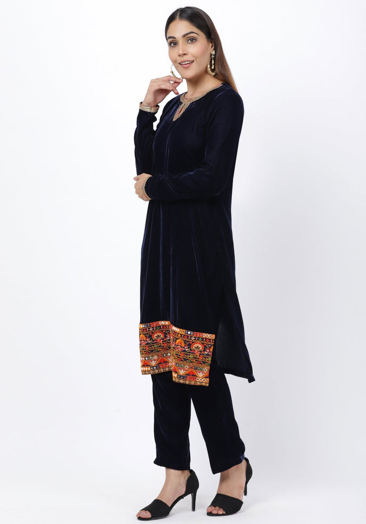 anokherang Combos Navy Blue Velvet Mirror Embroidered kurti with Straight Pants