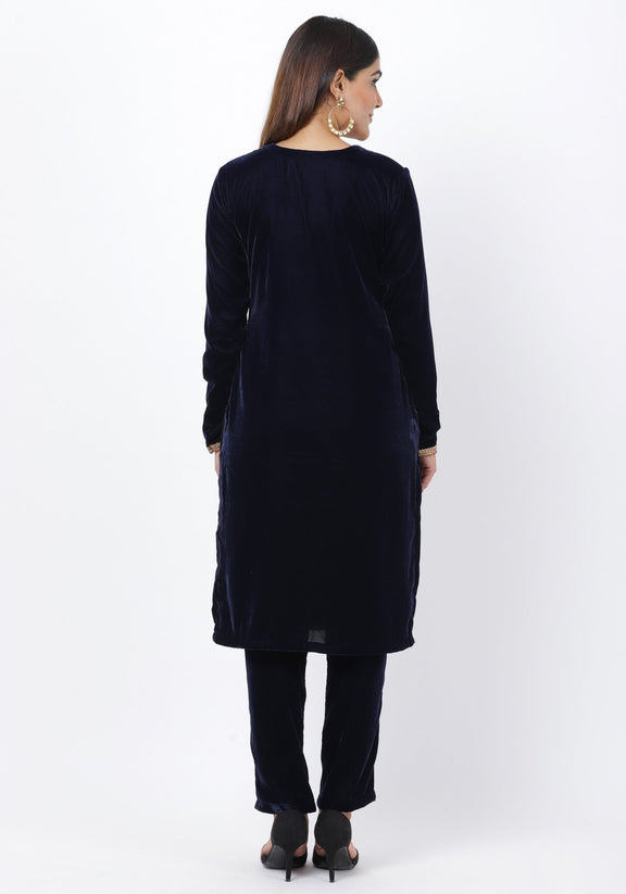Navy Blue Velvet Mirror Embroidered Kurti with Straight Pants anokherang