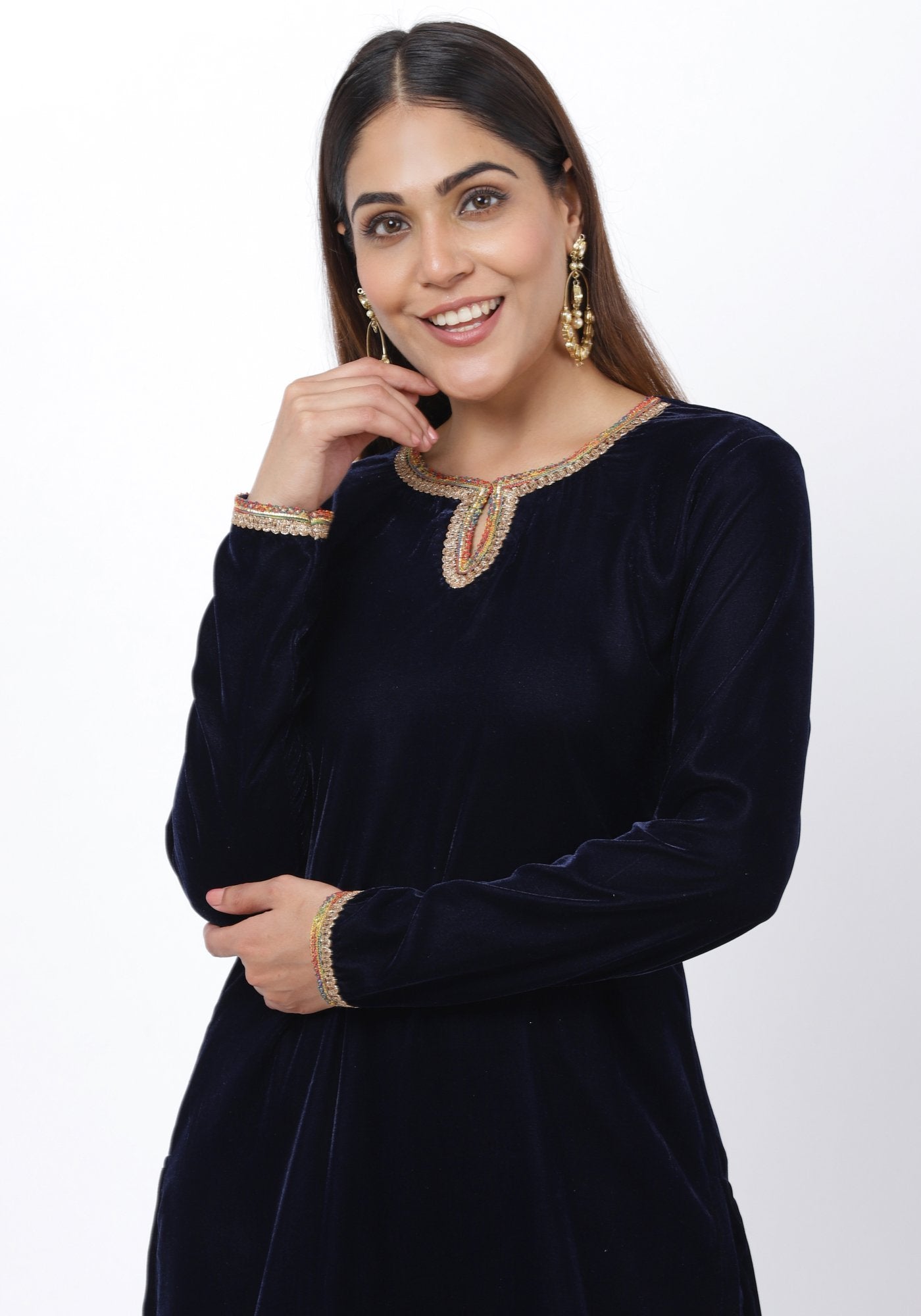 Navy Blue Velvet Mirror Embroidered Kurti with Straight Pants anokherang