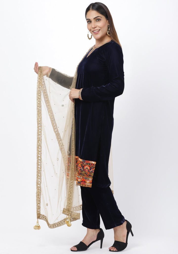 anokherang Combos Navy Blue Velvet Mirror Embroidered kurti with Straight Pants and Gold Mirror Dupatta