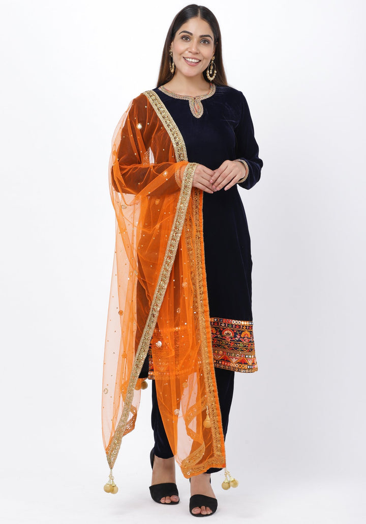 anokherang Combos Navy Blue Velvet Mirror Embroidered kurti with Straight Pants and Orange Mirror Dupatta