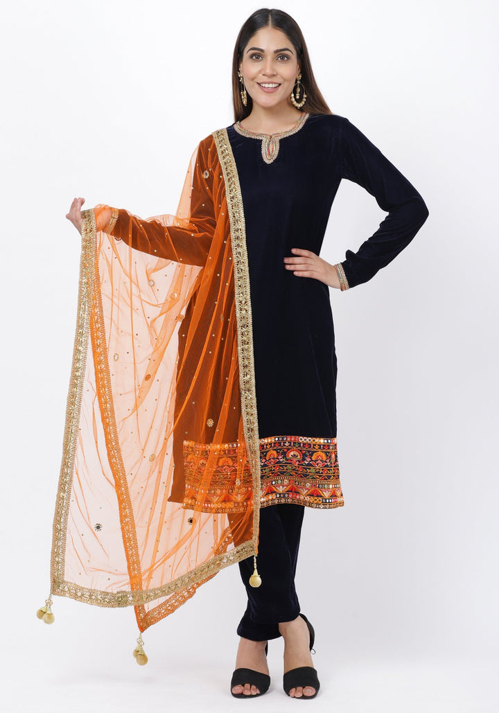anokherang Combos Navy Blue Velvet Mirror Embroidered kurti with Straight Pants and Orange Mirror Dupatta