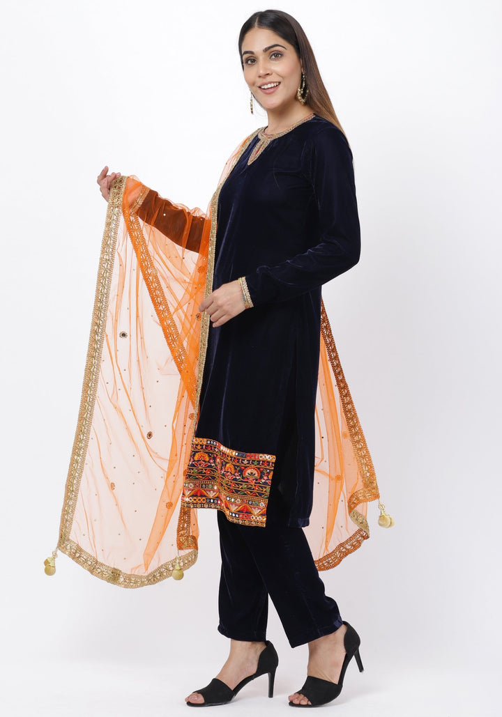 anokherang Combos Navy Blue Velvet Mirror Embroidered kurti with Straight Pants and Orange Mirror Dupatta