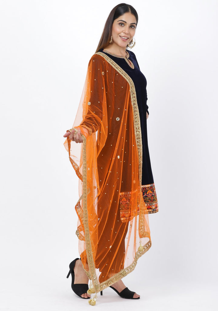 anokherang Combos Navy Blue Velvet Mirror Embroidered kurti with Straight Pants and Orange Mirror Dupatta