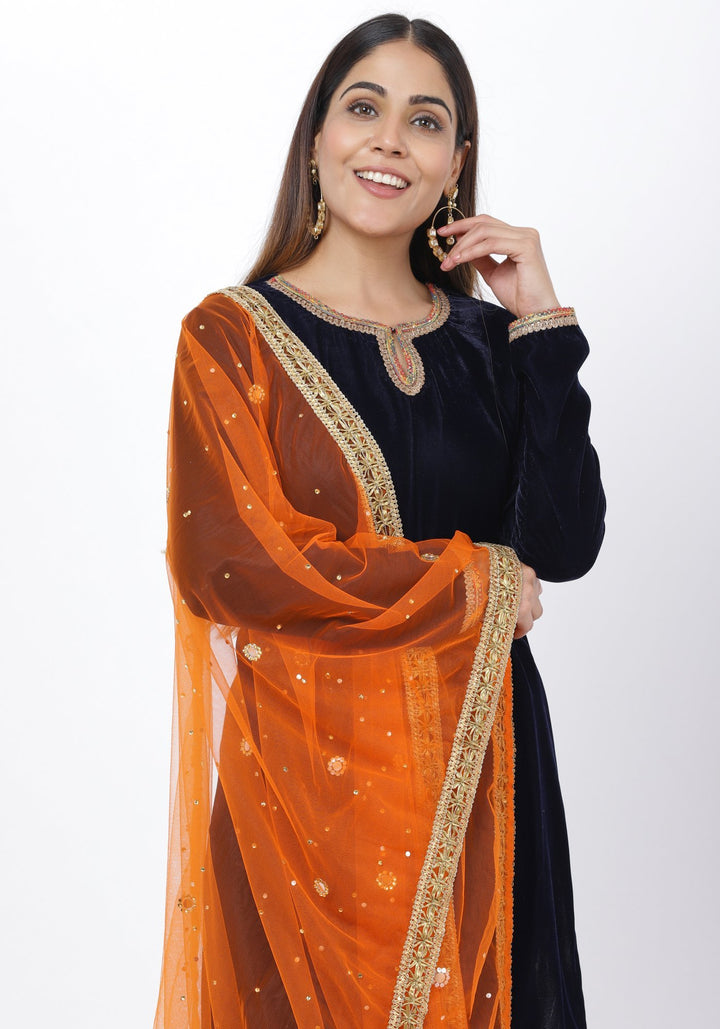 anokherang Combos Navy Blue Velvet Mirror Embroidered kurti with Straight Pants and Orange Mirror Dupatta