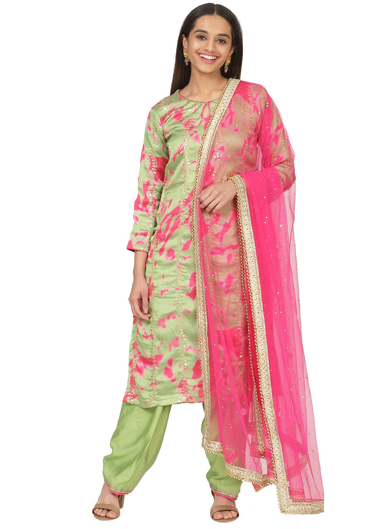 anokherang Combos Neon Green Pink Printed Embroidered Kurti with Gota Salwaar and Hot Pink Net Stone Dupatta