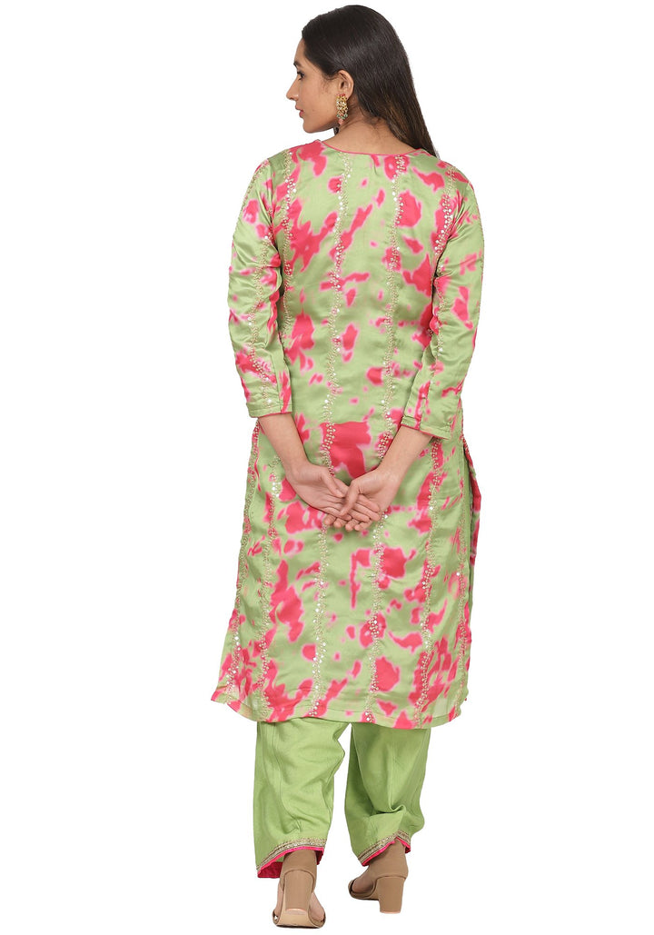 anokherang Combos Neon Green Pink Printed Embroidered Kurti with Gotta Salwaar