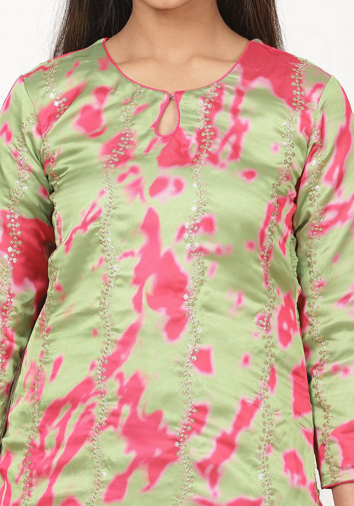 anokherang Combos Neon Green Pink Printed Embroidered Kurti with Gotta Salwaar