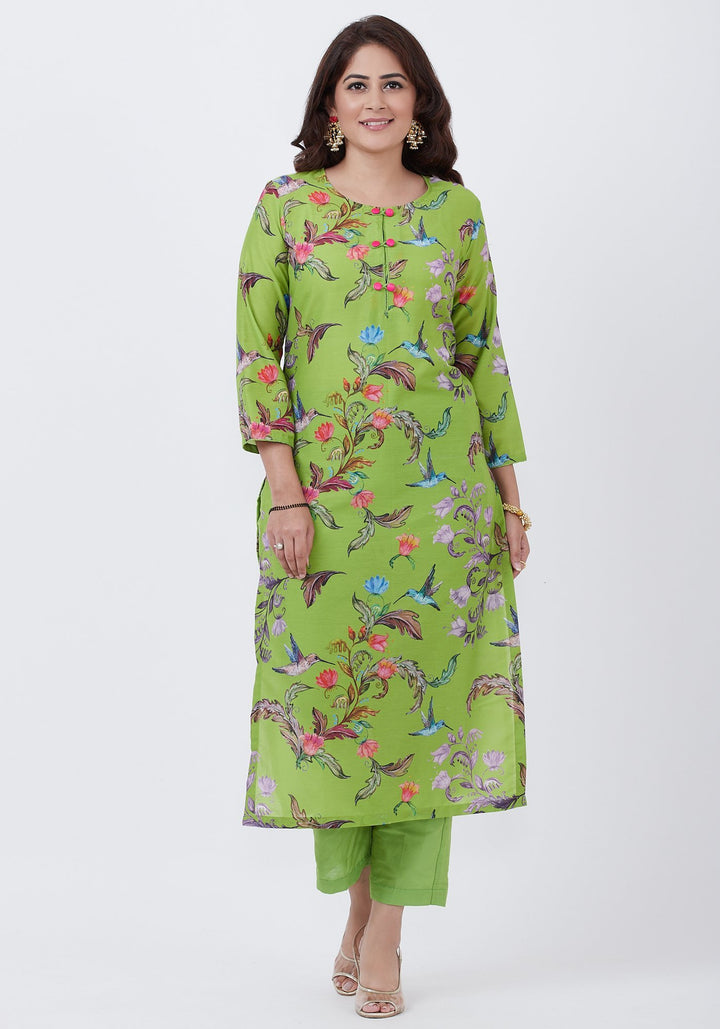 anokherang Combos Neon Green Printed Straight Kurti with Pants