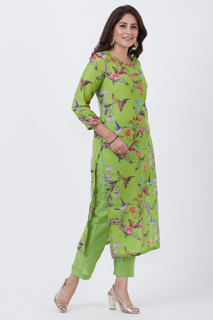anokherang Combos Neon Green Printed Straight Kurti with Pants