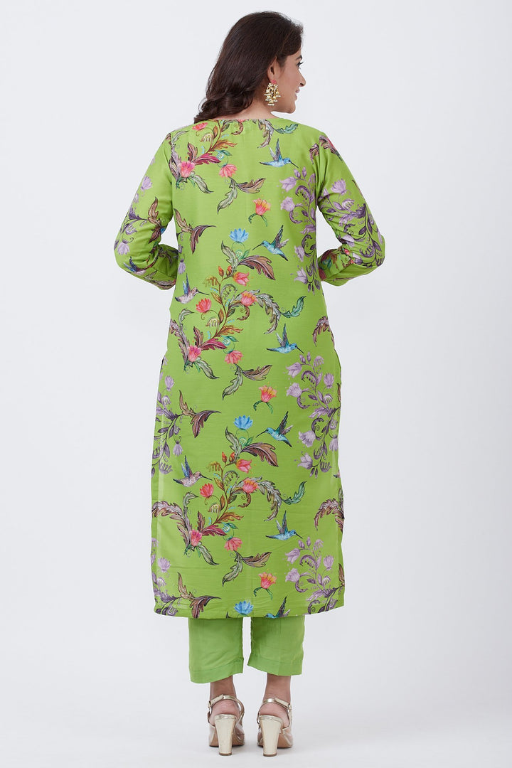 anokherang Combos Neon Green Printed Straight Kurti with Pants