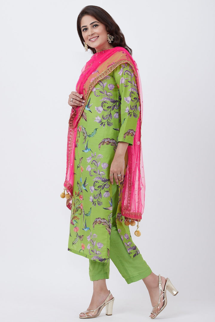 anokherang Combos Neon Green Printed Straight Kurti with Pants and Hot Pink Dupatta