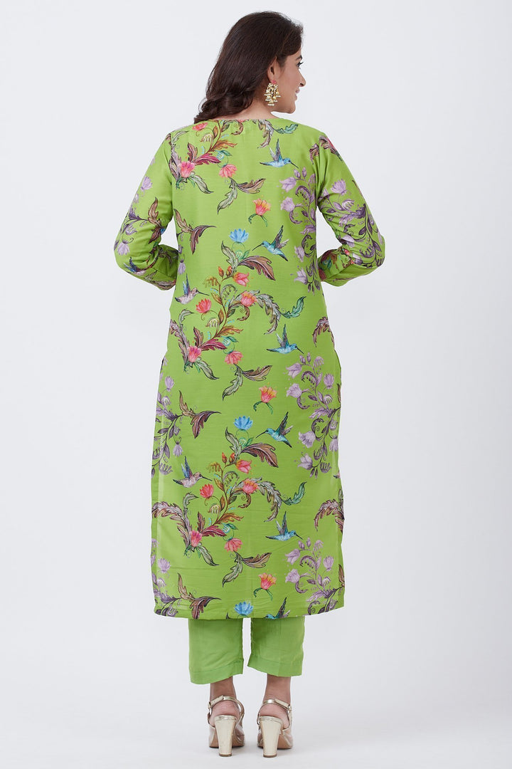 anokherang Combos Neon Green Printed Straight Kurti with Pants and Hot Pink Dupatta