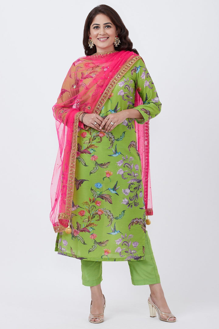 anokherang Combos Neon Green Printed Straight Kurti with Pants and Hot Pink Dupatta