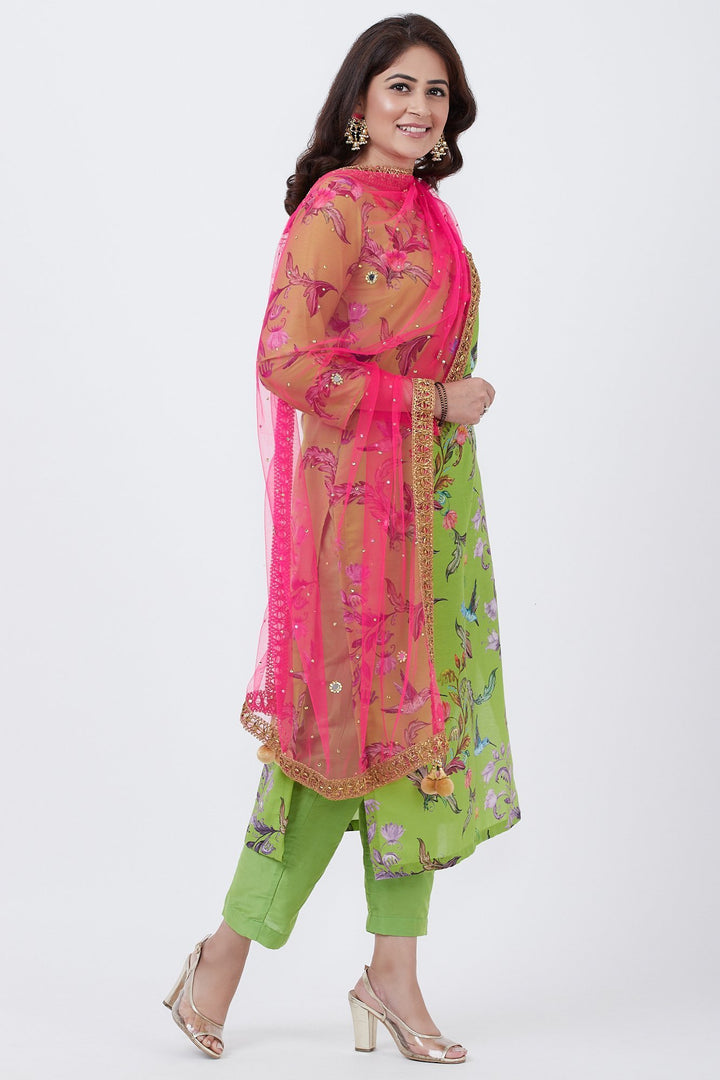 anokherang Combos Neon Green Printed Straight Kurti with Pants and Hot Pink Dupatta