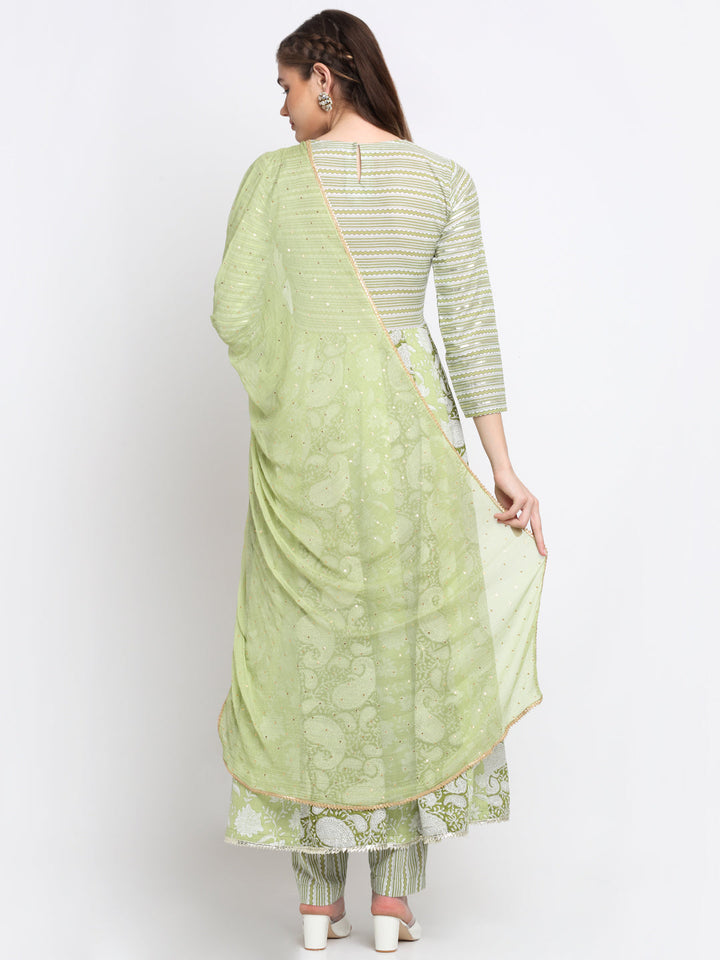 anokherang Combos Nilofer Green Floral Anarkali with Pants and Chiffon Dupatta