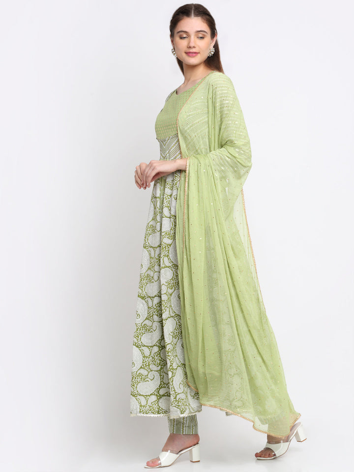 anokherang Combos Nilofer Green Floral Anarkali with Pants and Chiffon Dupatta