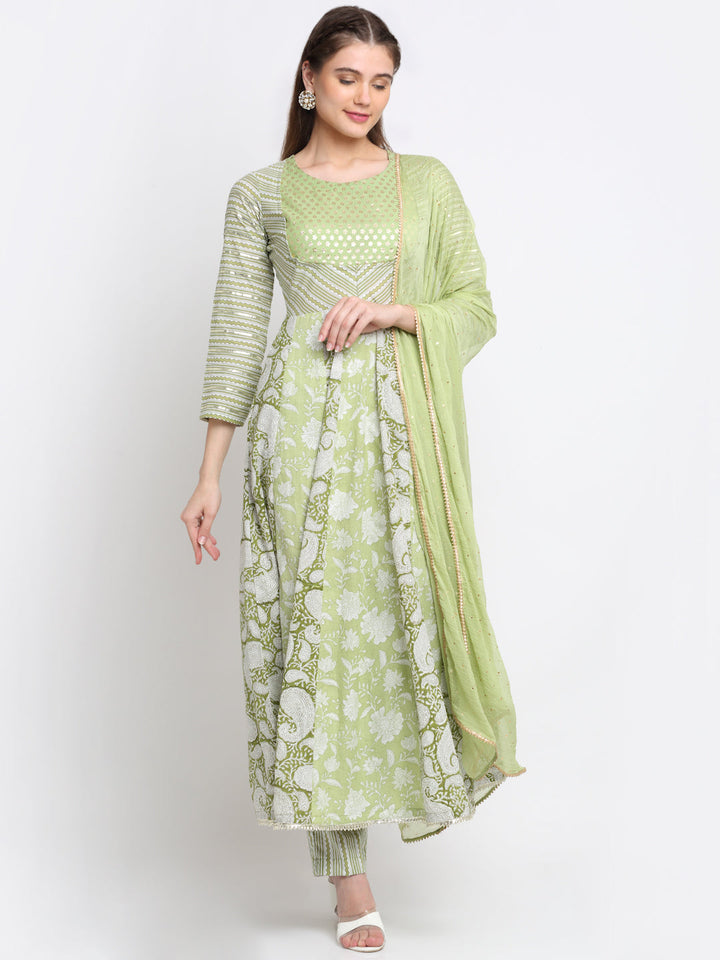 anokherang Combos Nilofer Green Floral Anarkali with Pants and Chiffon Dupatta
