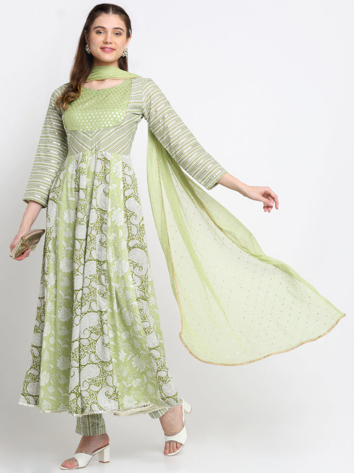 anokherang Combos Nilofer Green Floral Anarkali with Pants and Chiffon Dupatta