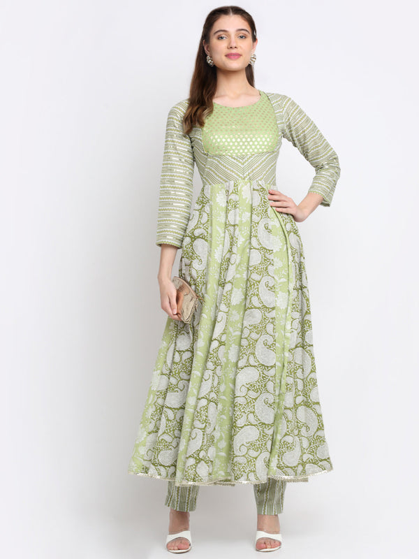 anokherang Combos Nilofer Green Floral Anarkali with Printed Pants