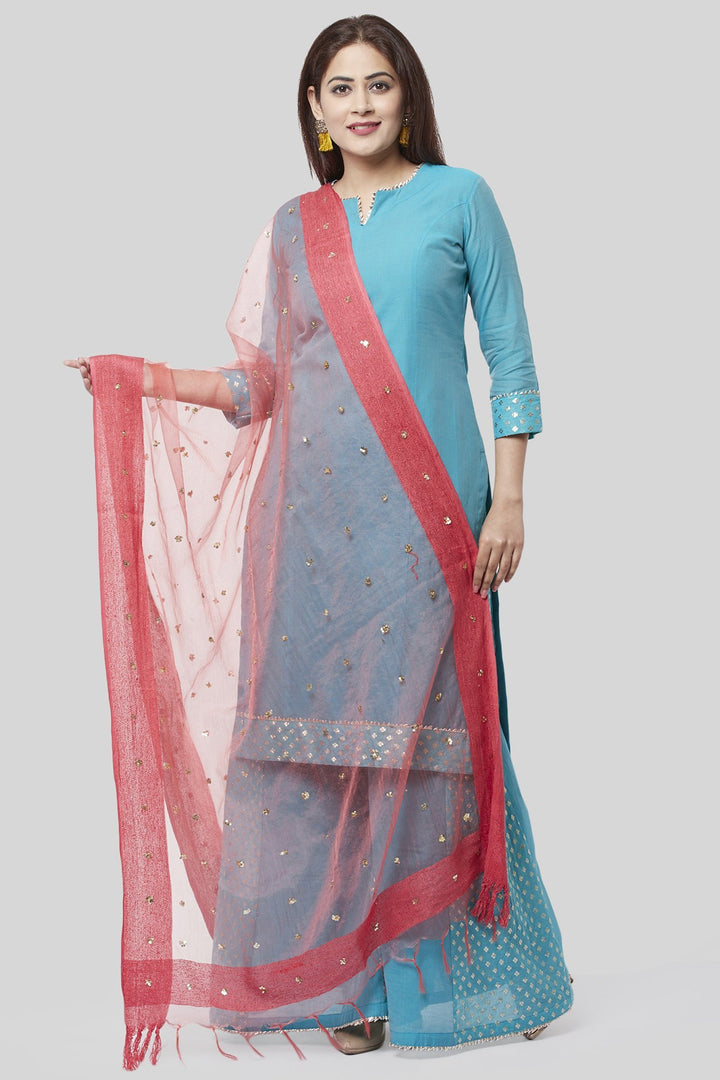 anokherang Combos Noor Blue Straight Kurti with Golden Weaved Kalidar Palazzo and Sequenced Dupatta