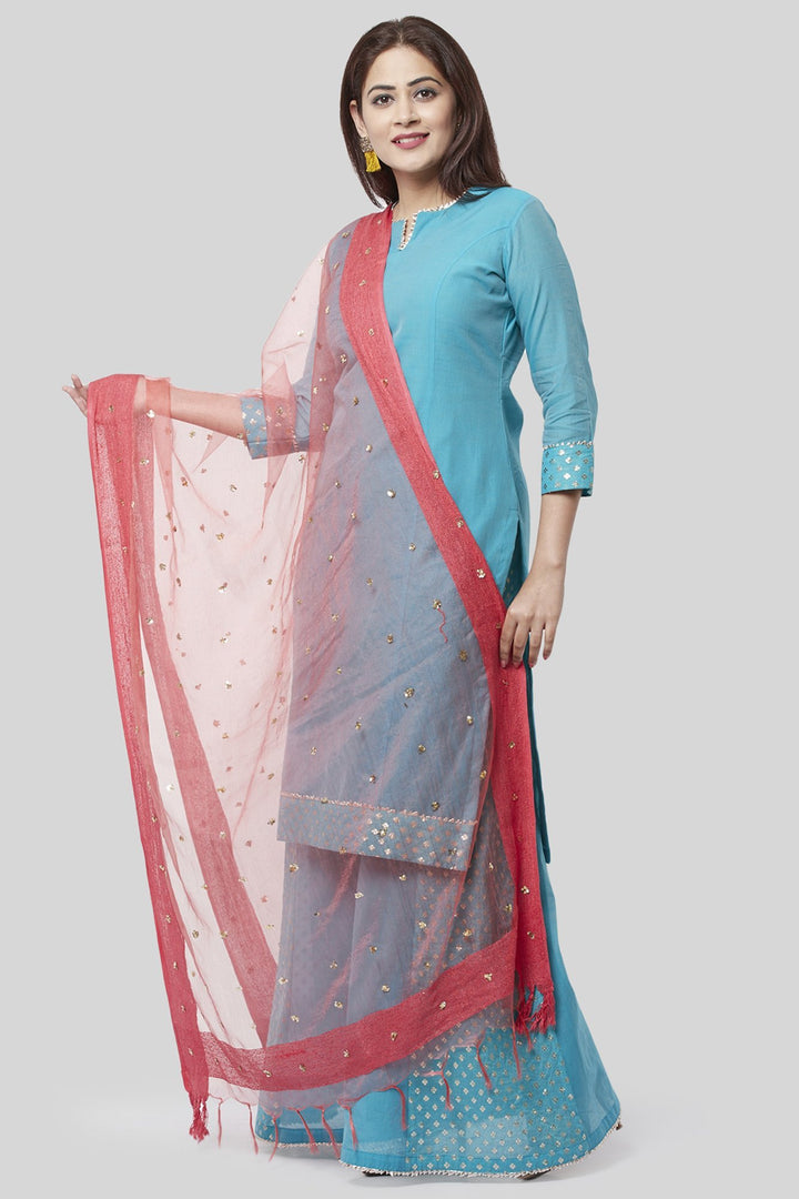 anokherang Combos Noor Blue Straight Kurti with Golden Weaved Kalidar Palazzo and Sequenced Dupatta