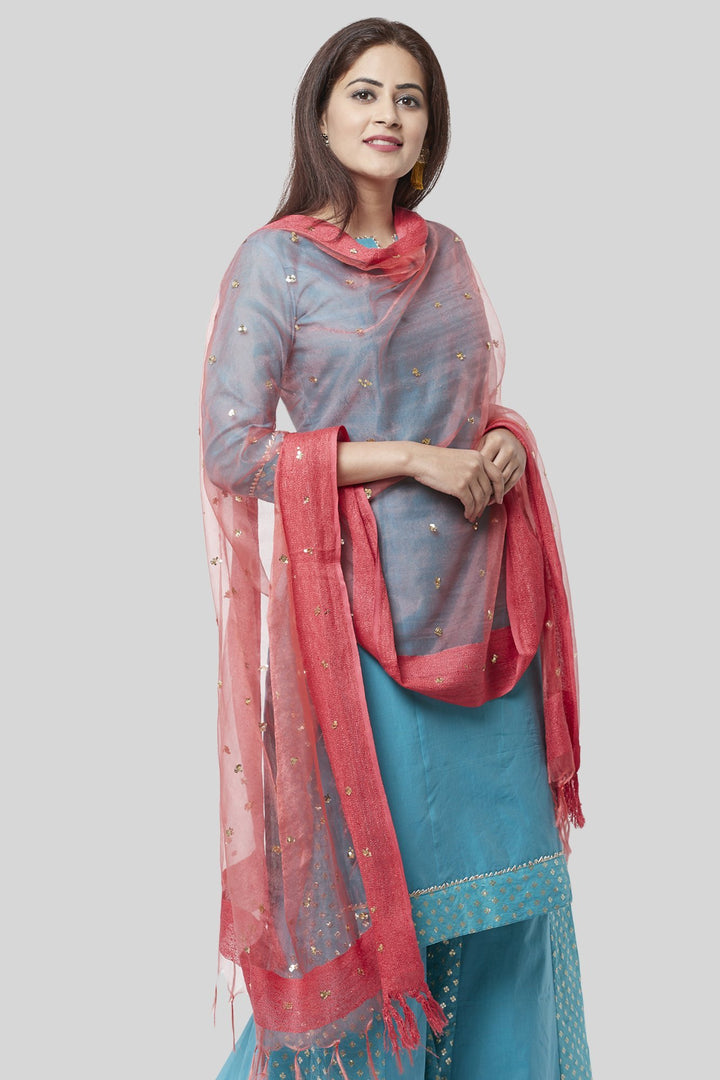 anokherang Combos Noor Blue Straight Kurti with Golden Weaved Kalidar Palazzo and Sequenced Dupatta