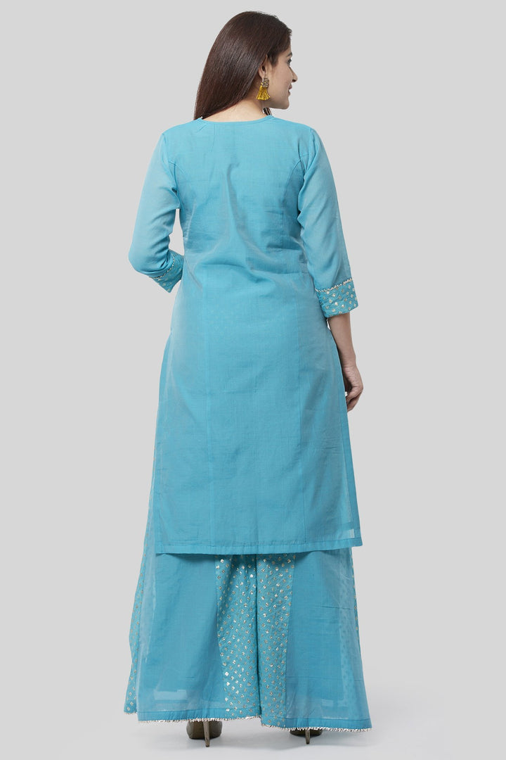anokherang Combos Noor Blue Straight Kurti with Golden Weaved Kalidar Palazzo and Sequenced Dupatta
