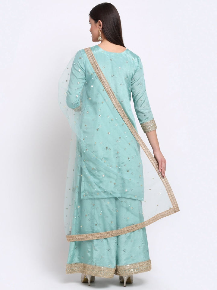 anokherang Combos Ocean Blue Embroidered Gotta Short Kurti with Kalidaar Palazzo and Sequin Dupatta