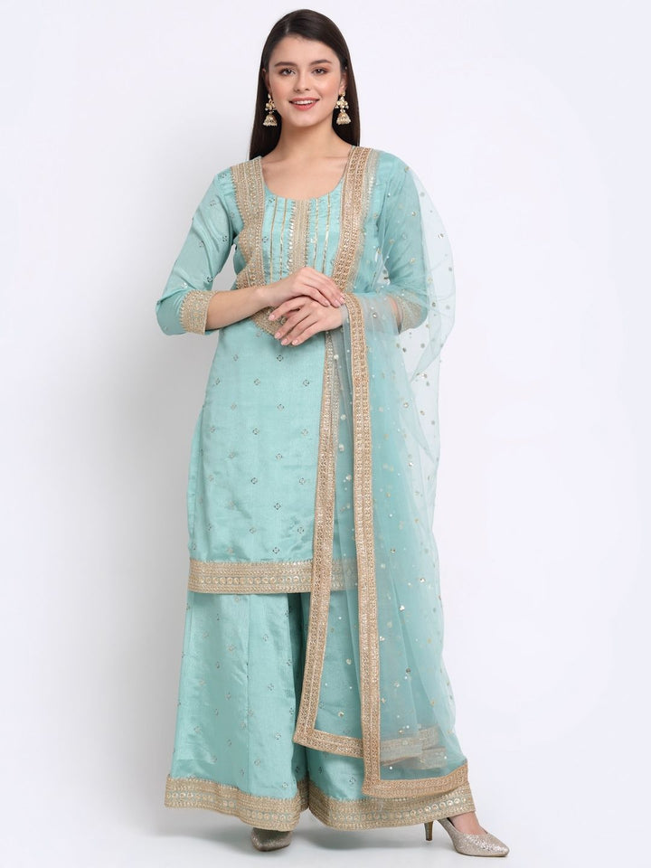 anokherang Combos Ocean Blue Embroidered Gotta Short Kurti with Kalidaar Palazzo and Sequin Dupatta