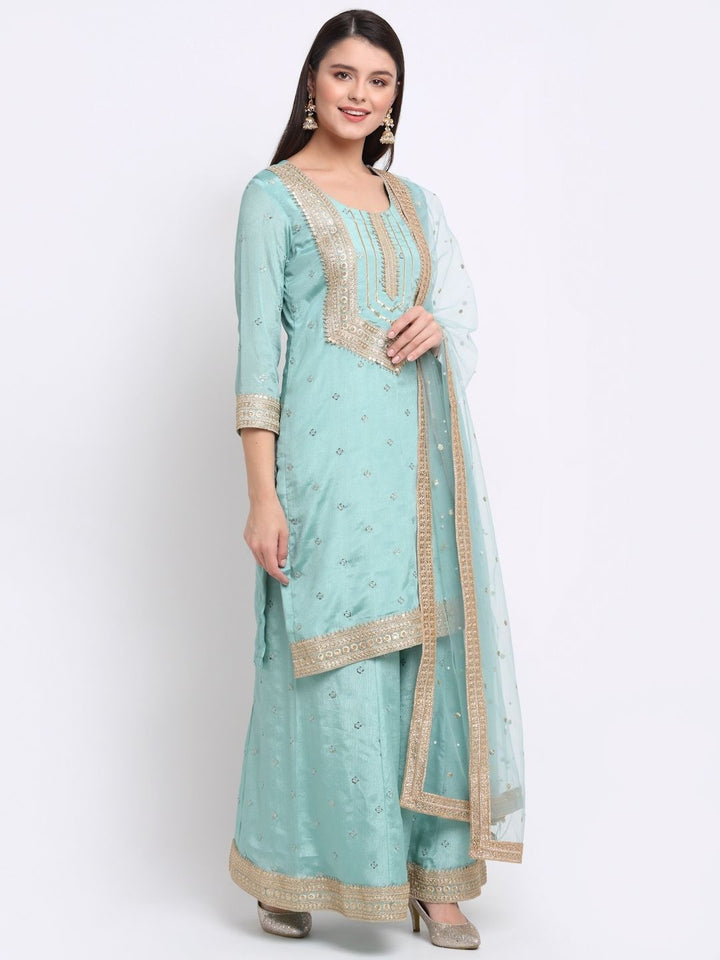 anokherang Combos Ocean Blue Embroidered Gotta Short Kurti with Kalidaar Palazzo and Sequin Dupatta