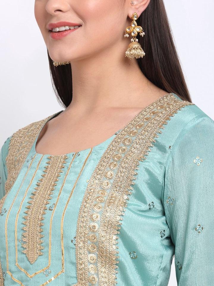 anokherang Combos Ocean Blue Embroidered Gotta Short Kurti with Kalidaar Palazzo and Sequin Dupatta