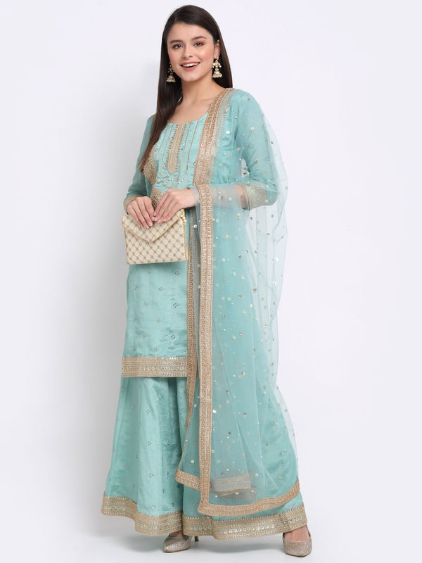 anokherang Combos Ocean Blue Embroidered Gotta Short Kurti with Kalidaar Palazzo and Sequin Dupatta