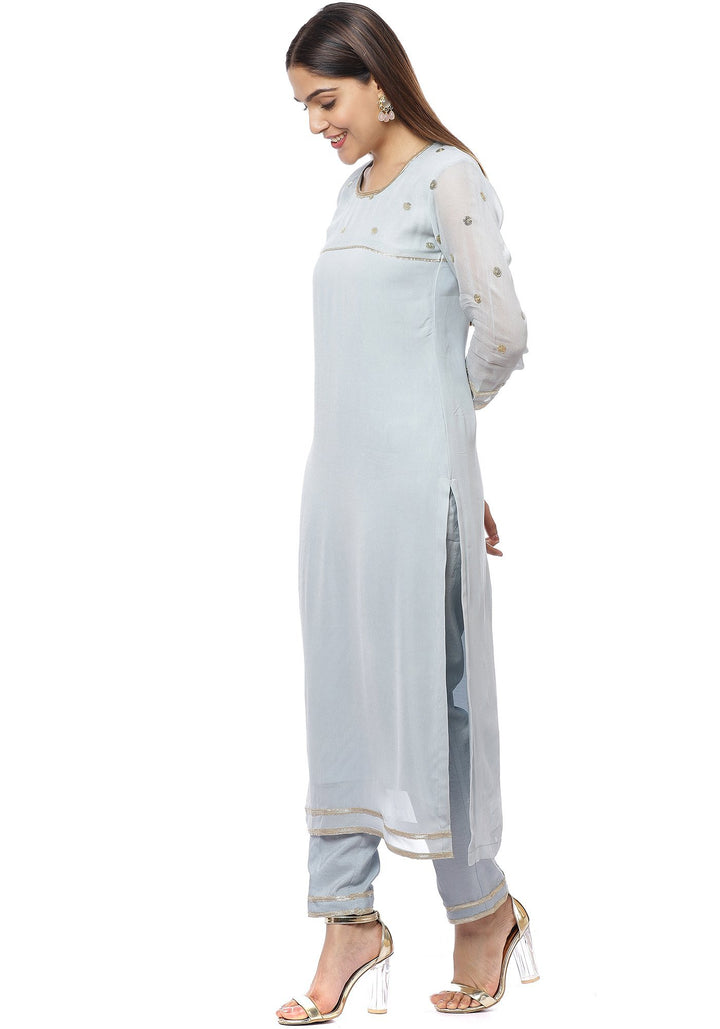 anokherang Combos Ocean Grey Sequenced Sleeves Straight Kurti with Straight Pants