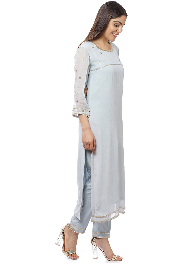 anokherang Combos Ocean Grey Sequenced Sleeves Straight Kurti with Straight Pants