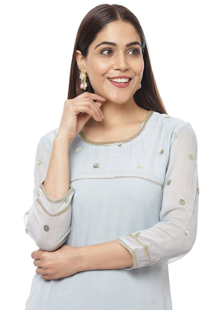 anokherang Combos Ocean Grey Sequenced Sleeves Straight Kurti with Straight Pants