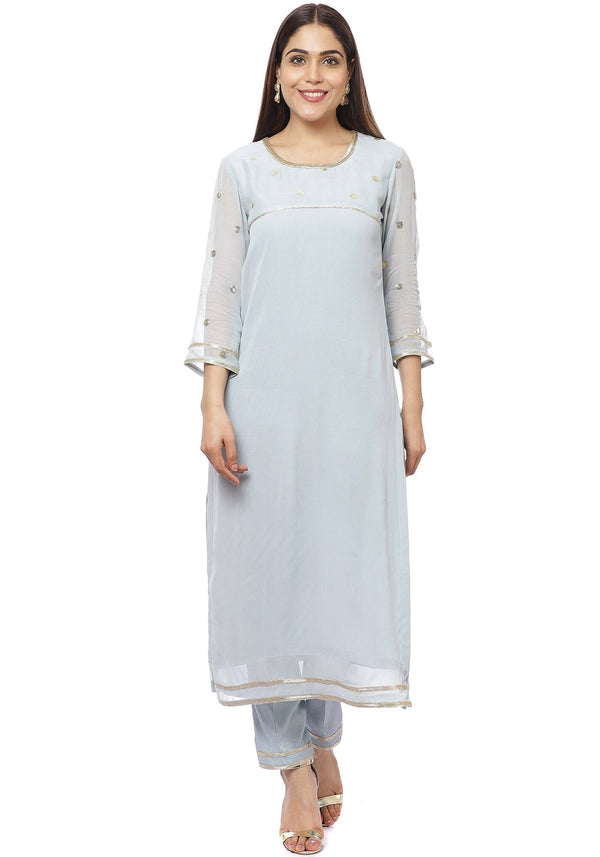 anokherang Combos Ocean Grey Sequenced Sleeves Straight Kurti with Straight Pants